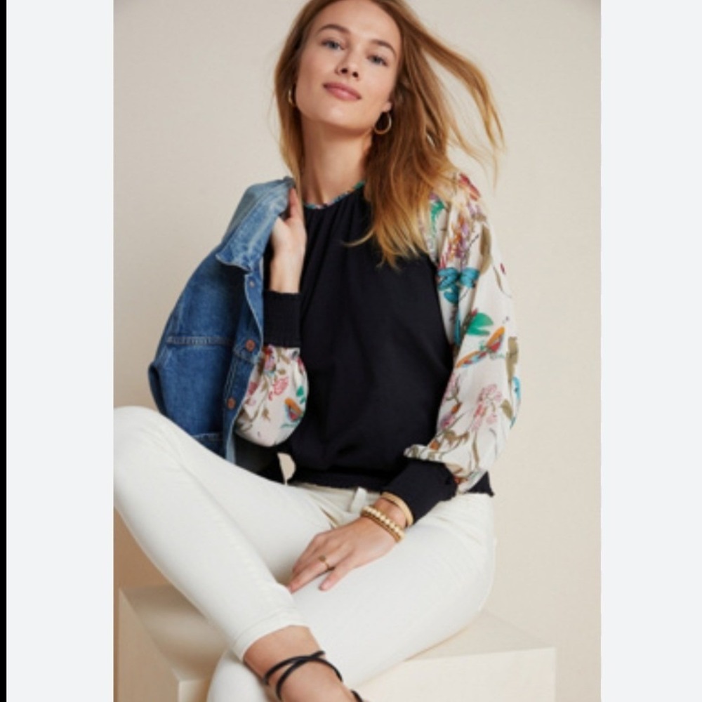 Anthropologie Tiny Dawn Smocked Top Black Floral Butterfly Sleeve Blouse Medium